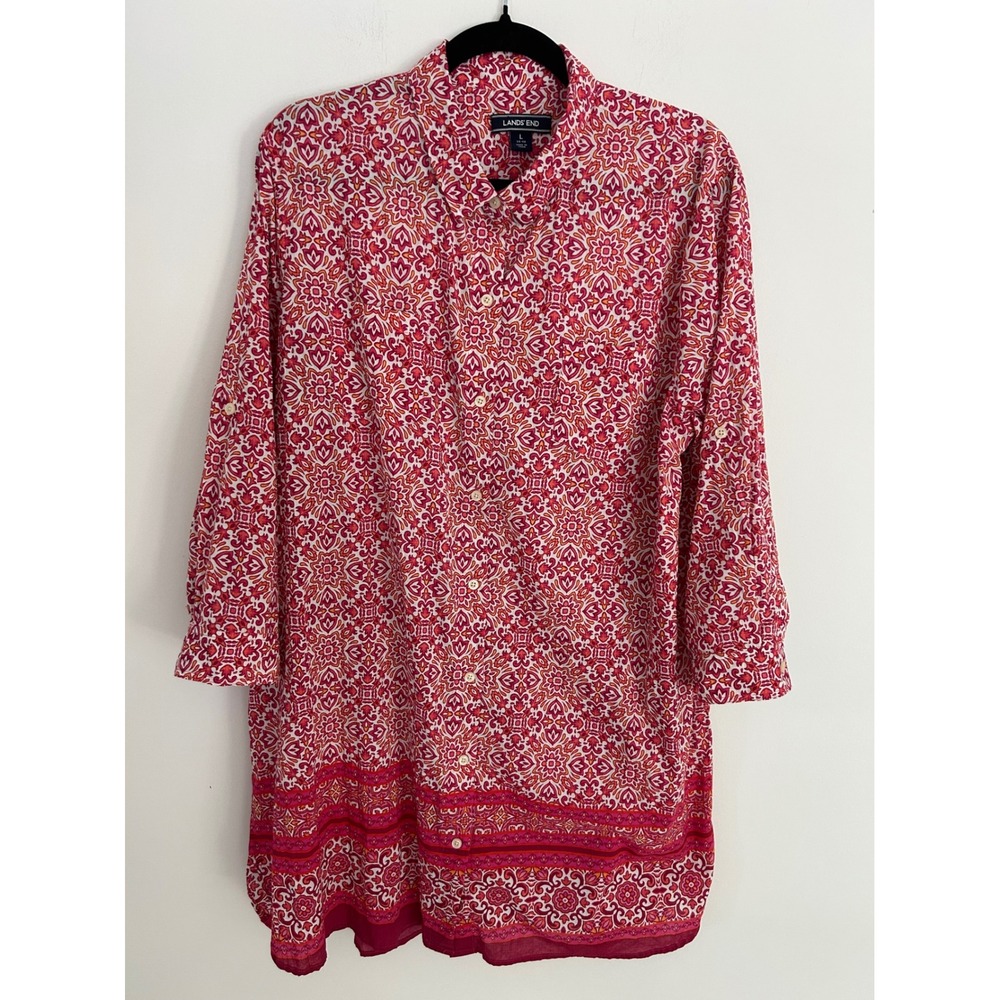 Lands End Pink Medallion Print Cotton Roll Tab Sleeve Tunic Top Large 14-16